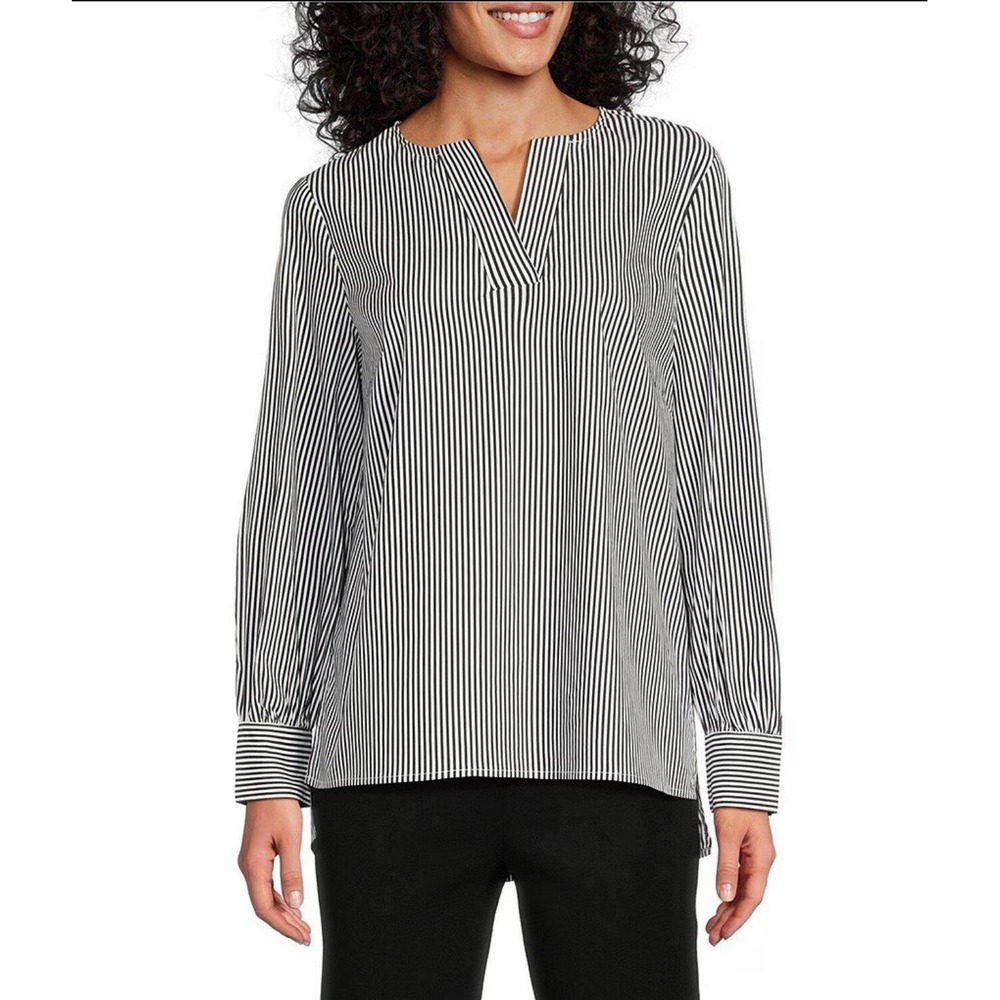 Ming Wang Woven Striped V-Neck Long Sleeve High-Low Hem Blouse‎ size large